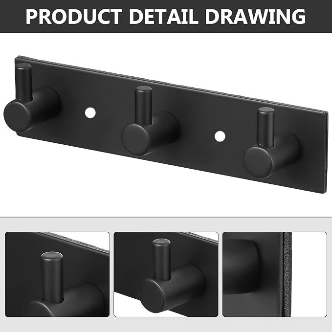 Stainless Steel Wall Key Holder Set of 2 - 3 Key Hooks Modern Hanger for Home, Kitchen, Entryway, Hallway, Office, Cabinet, Bathroom (Black)