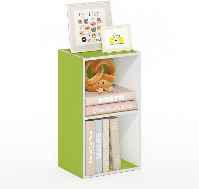 Furinno PASIR Book Shelf, 2-Tier Modern Bookshelf, Open Shelves Bookcase 9 x 12 x 21, Easy Assembly, for Living Room, Bedroom, Home Office, Green/White