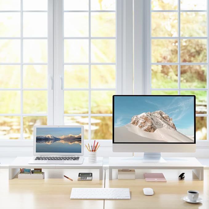 TEAMIX 2 Pack White Monitor Stand Riser 20 inch, Wooden Desktop Stand Shelf | For 2 Monitors, Laptop, Printer, TV, PC Tower, Full Keyboard Storage Underneath, Desk Organizer for Home Office Gaming Vanity