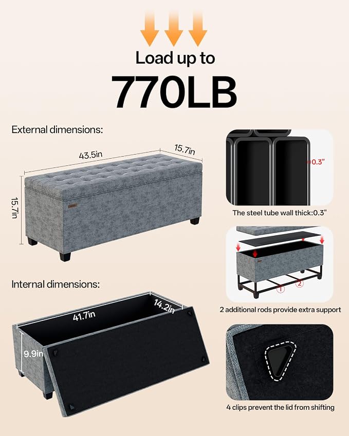 ABHENG Chenille Storage Ottoman Bench with Legs, 43.5”W x 15.7”D x 15.7”H,Metal Frame end of Bed Bench Hold up to 770 LB,Large Storage Chest,Gray UASND621G
