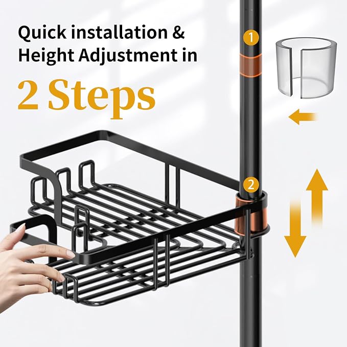 KEGII Shower Caddy Corner Tension Pole, Bathroom Organizer, 4-Tier Black | Rustproof Adjustable Rod with Floor to Ceiling Design, 25-114.2 inch Fit for Shampoo, Bath Essentials and Corner Storage