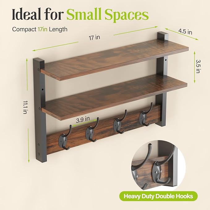 Two-Tier Wall Shelf with Hooks, 17" Coat Rack Wall Mount with Shelf, Key Hooks for Wall with Heavy Duty Double Hooks, Coat Hook Wall Mounted for Bedroom, Living Room, Rustic Brown