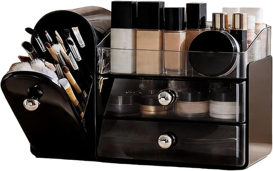 Makeup Organizer with Makeup Brush Holder, 2 Drawer, Black | Vanity Desk Organizer with Brush Holder, Compact Countertop, Cosmetic Storage for Lipsticks, Perfumes, Eyeshadow Palettes