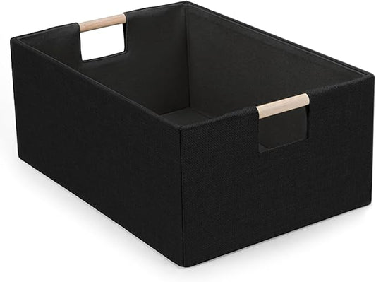 Foldable Fabric Storage Basket for Shelves, Linen Decorative Storage Bin with Wooden Handles, Small Organizer Cube for Closet, Rectangle Canvas Box for Organizing, Decor, 15x10.6x6 Inches (Blcak)