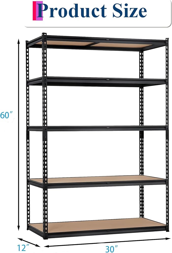 Heavy Duty Garage Storage Shelves, 5-Tier Metal Adjustable Shelving Unit, Storage Shelving with 2500 LBS Capacity for Kitchen Pantry Basement Bathroom Laundry, 30" l x 12" w x 60" h