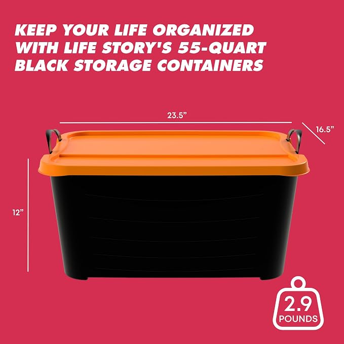 Life Story 6 Pack Heavy Duty Stackable Storage Bin, 55 Quart Home Organizer, Versatile Lightweight Locking Bins with Carrying Handles, Black/Orange