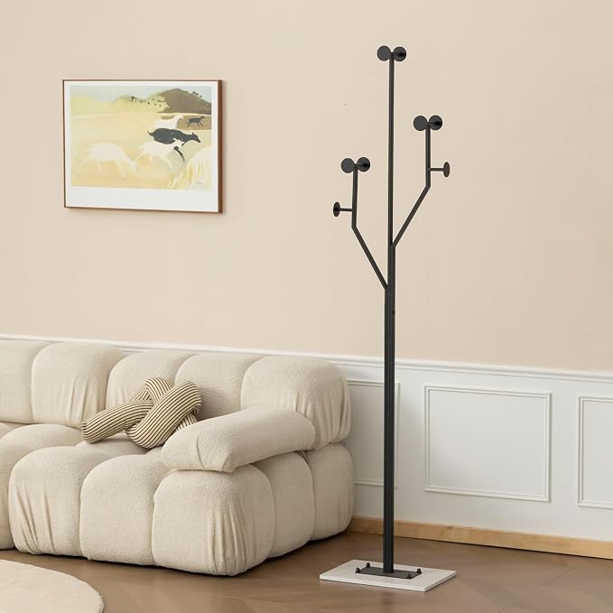 JIAYUEJU Freestanding Coat Rack Coat tree for Entryway Bedroom (Black) | Tree-shaped, Easy Assembly, Space Saver, Heavy Duty, Metal Frame, Marble Base, 8 Hooks, Living Room, Office, Corner