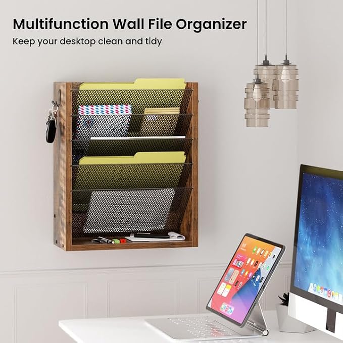 Mail Organizer Wall Mounted, 6-Slot Hanging File Organizer with Key Holder | Mail Sorter, Wood Letter Holder for Envelopes Bills Magazine Folders Papers Accessories for Home Office, Rustic Brown