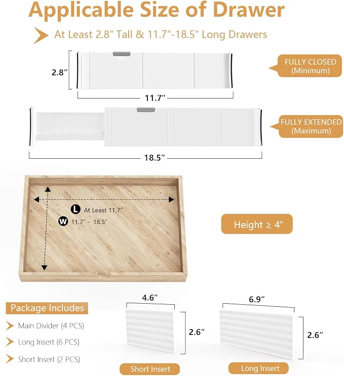 KABUM Upgrade Adjustable Drawer Divider Organizer(2.8 * 11.7-18.5") | Expandable Organization for Home, Office,2.8" High Expandable from 11.7" to 18.5",4 Dividers with 6 Long and 2 Short Inserts
