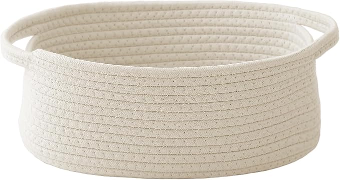 JMvicyroam Small Woven Basket, Empty Gift Basket, White/1 Pack | Small Gift Basket, Cotton Rope, 12 x 8 x 6 in, Handles, Includes Ribbon and Bag, Birthday Gift Basket