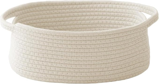JMvicyroam Small Woven Basket, Empty Gift Basket, White/1 Pack | Small Gift Basket, Cotton Rope, 12 x 8 x 6 in, Handles, Includes Ribbon and Bag, Birthday Gift Basket