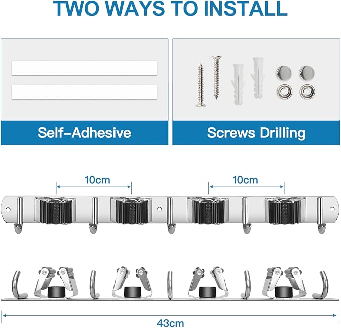 IMILLET Broom Holder Wall Mount Stainless Steel Mop Organizer | 5 Racks 4 Hooks Heavy Duty Garage Organization Storage,Broom and Mop Organizer Wall Hanging Self Adhesive for Laundry Room
