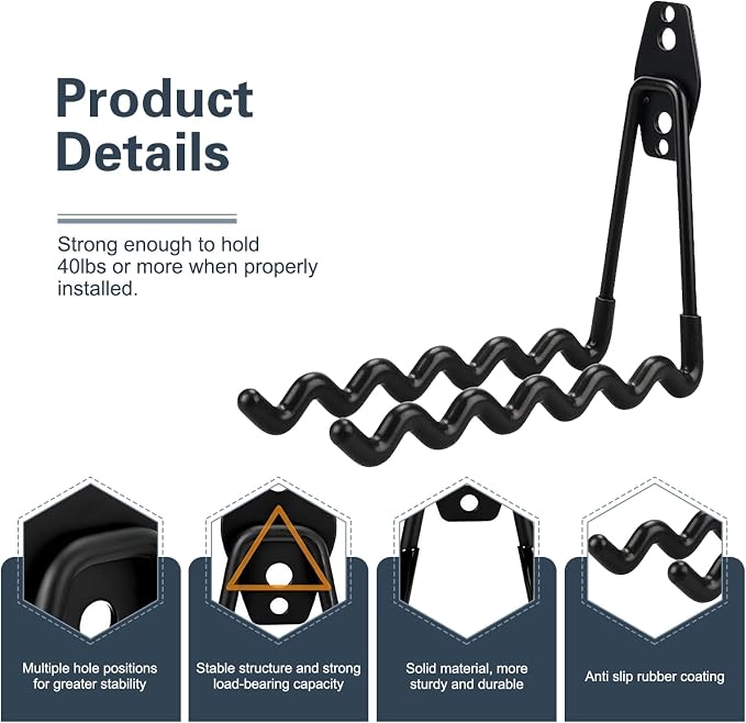 2 PCS Garage Storage Utility Hooks, Heavy Duty Metal Wall Mount Hooks, Wave Hook Garage Garden Tool Organizer, Fit for Cord, Badminton Rackets, Hoses, Bikes, Tools (Black)