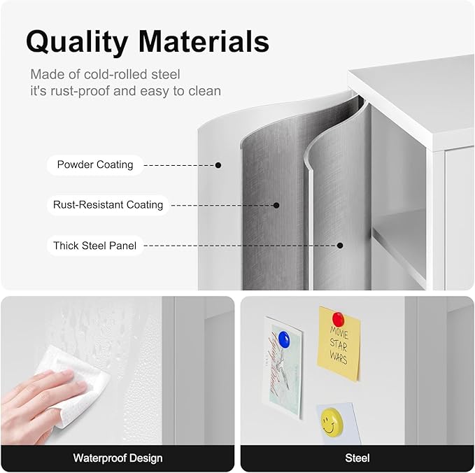 Bevivog Metal Bathroom Floor Storage Cabinet, Small Storage Sideboard with 2 Doors and 2 Adjustable Shelves, 12" Small Cabinets White Freestanding Locker for Entryway, Living Room, Hallway