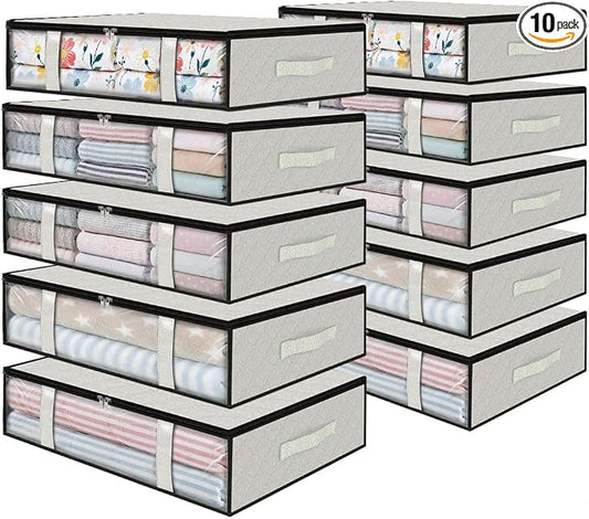 StorageRight Under Bed Storage Bags, 10 Pack, 40L, White | Breathable Non-Woven Fabric with a Clear Window and Zippered Top for Clothes, Comforters, Blankets and Seasonal Storage