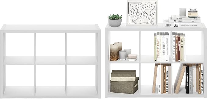 Furinno Cubicle Book Shelf Set of 2, 6-Cube Bookshelf, White | 14.6 x 43.8 x 30, 1.2" Thick, Horizontal & Vertical Reversible Bookcase with Open Back, for Living Room, Bedroom, Home Office