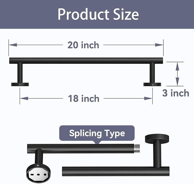 2 Pack Matte Black Towel Bar, 18 Inch Bathroom Towel Rack | Towel Holder Wall Mounted, Thicken SUS304 Stainless Steel Towel Rod Modern Home Decor (Total Length 20-Inch)