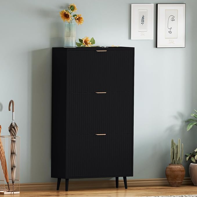 Shoe Cabinet Storage,Modern Freestanding Organizer with 3 Flip Drawers,Narrow Shoe Rack Cabinet for Entryway,Black