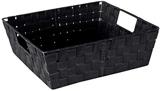 Simplify Large Shelf Woven Strap Tote | Decorative Storage Basket | Built in Handles | Organization | Closet | Bedroom | Bathroom | Nursery | Accessories | Toys | Gifts | 1 Pack | Black