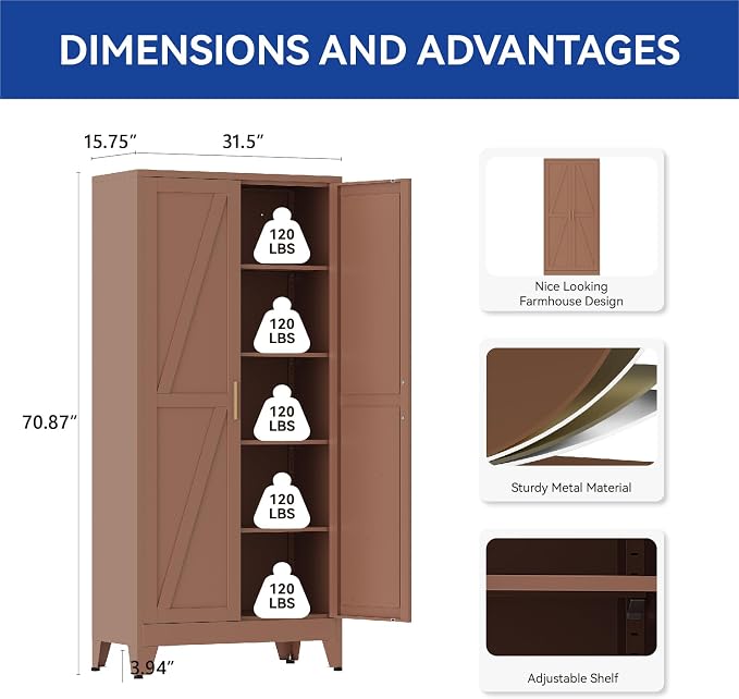 COFaR 71'' Tall Metal Storage Cabinet, Farmhouse Kitchen Pantry Cabinet with Doors and 4 Adjustable Shelves, Brown Metal Cabinets for Garage, Kitchen, Bathroom, Laundry, 5-Tier