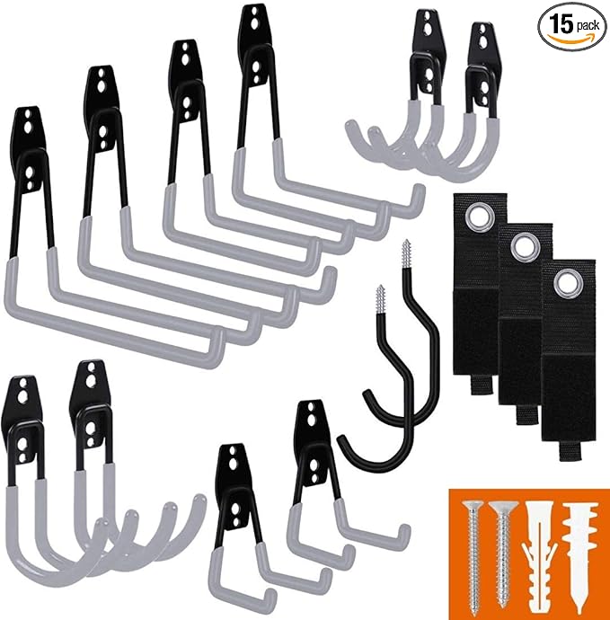 SMARTOLOGY Garage Hooks with Bike Hook & Extension Cord Organizer, 15 Pack Set Steel Multi-Tool Hanger, Heavy Duty Utility Storage Holder for Home & Warehouse Lawn Garden Tool Organizer