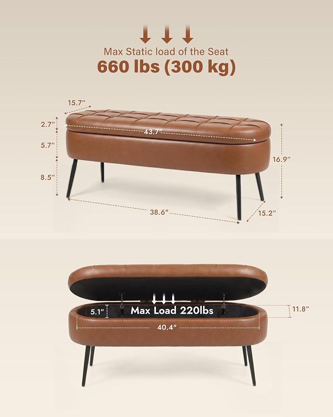Storage Ottoman Bench, 43.7"PU Leather End of Bed Bench Walnut Brown | Bench with Large Hidden Storage, Tufted Upholstered Seat, Metal Legs, Mid-Century Modern, For Bedroom, Entryway, Living Room