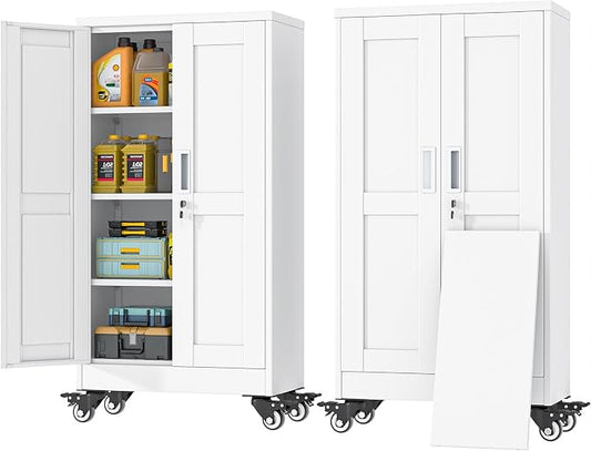 GAIOUS Metal Garage Storage Cabinet with Lock and Wheels, 45.7" Tall Metal Storage Cabinets with Locked Door and 3 Adjustable Shelves, Rolling Tool Cabinet, Utility File Cabinet for Home Office, White