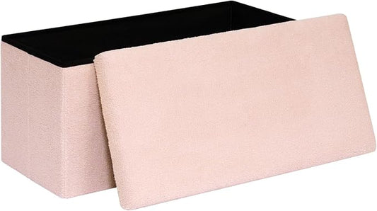 30 Inch Storage Ottoman Bench, Boucle Folding Ottoman Footstool, Rectangular Sherpa Footrest Storage Bench for Bedroom, Living Room, Entryway, Dorm, Pink
