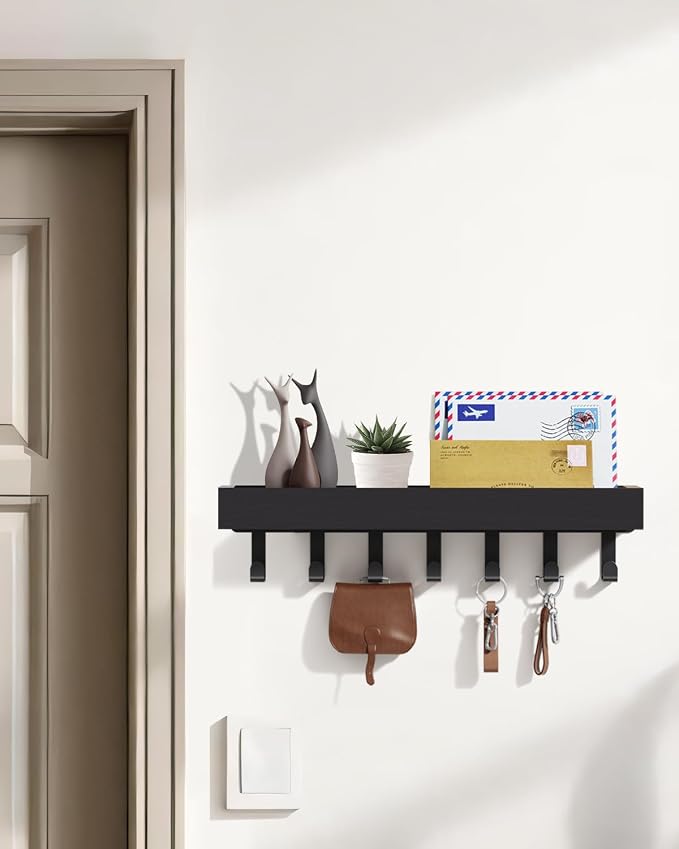 Key Holder Wall Mount Magnetic Adhesive, Key Hooks Rack with Shelf | Key Hanger with Mail Organizer for RV Camper Fridge Living Room Decor, Home Essentials, Large Black