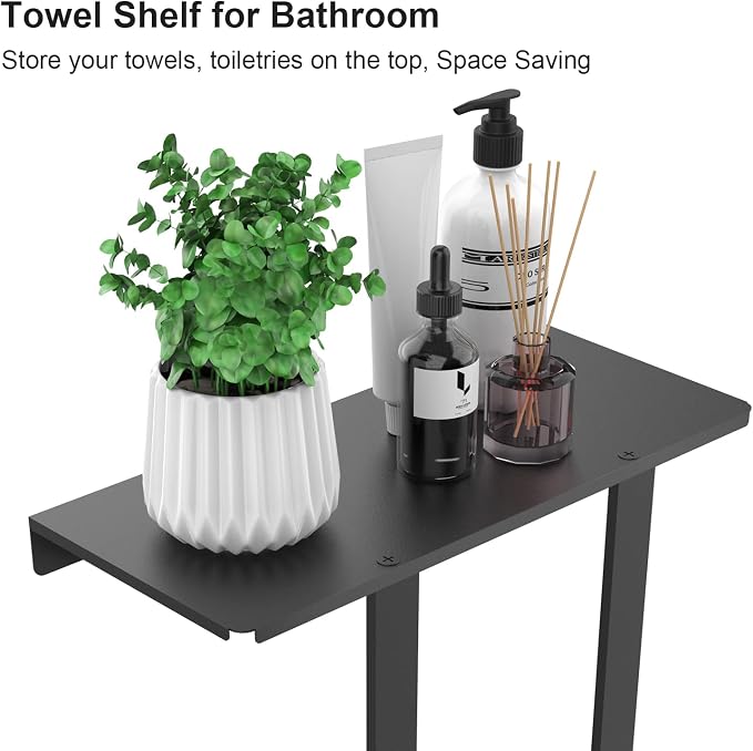 Roll Towel Racks for Bathroom, Bethom Small Wall Shelf with Hooks, Black | Stainless Steel Towel Racks for Bathroom, Wall Mounted with Shelf