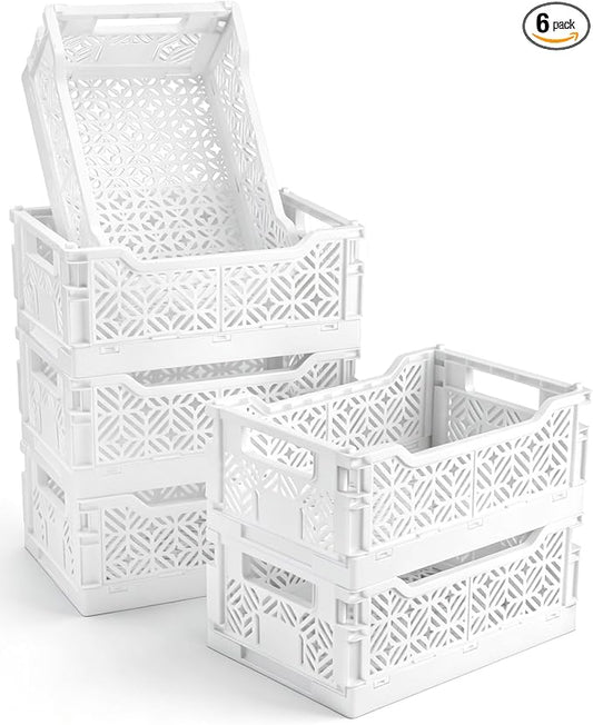 6 Pack Collapsible Storage Bins, White Plastic Crates for Storage with Label Slot,Stackable Plastic Storage Bins for Home Office Shelves Closet Kitchen,Space Saving for Daily Supplies（12.2"x8.3"x4.7")