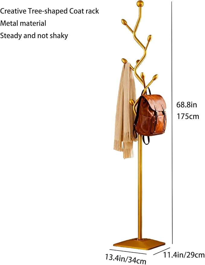 Gold Coat Rack Freestanding Metal Tree Coat Stand with Hooks,Modern Decorative Standing Hat Rack for Entryway Bedroom Living Room