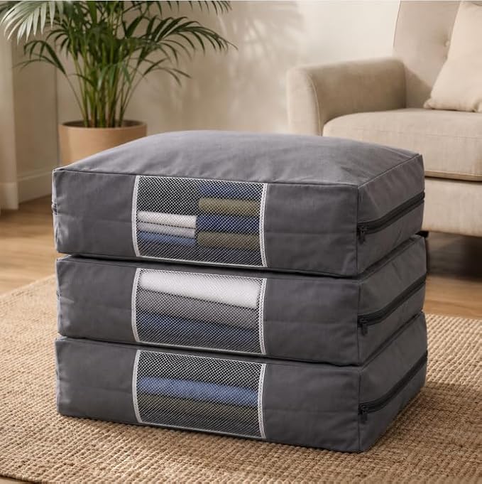 3 Pcs Cotton Canvas Sweater Storage Bag, 20"x14"x5" Closet Organizer Bag | Breathable Material, Mesh Window Design, Dustproof, Moth Proof, Large Capacity, Suitable for Seasonal Clothing, Bedding, etc.