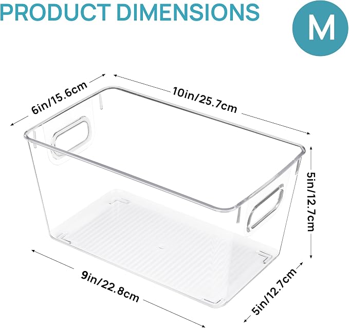 Vtopmart Clear Plastic Storage Bins, 2 PCS Pantry Organizer Bins with Handle for Refrigerator, Fridge, Cabinet, Kitchen, Countertops, Cupboard, Freezer Organization and Storage, Medium