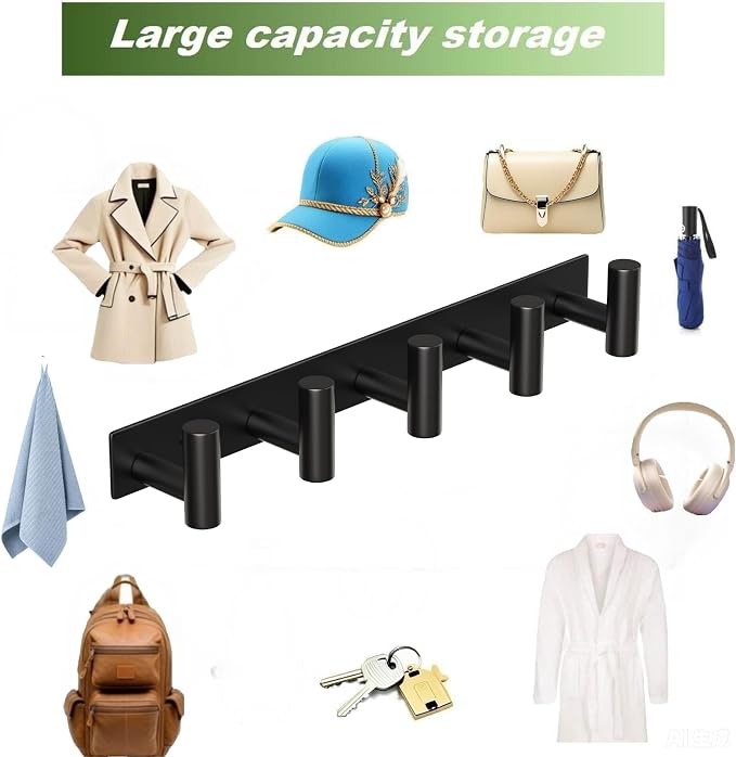 Coat Rack Wall Mounted with 5 Hooks,Heavy Duty Stainless Steel Wall Hooks for Towel Coat Bag, Hat Rack Coat Hanger Coat Hooks Towel Racks for Bathroom Entryway Kitchen Hotel (Black, 2 Packs)