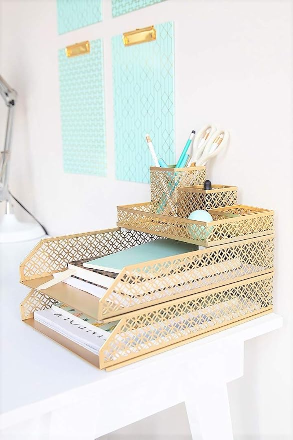BLU MONACO | Gold Desk Organizer Set for Women 6 Piece | Mail Sorter Organizer Countertop with Letter Sorter for Desk | Steel Desktop Organizer with Mesh Pen Holders
