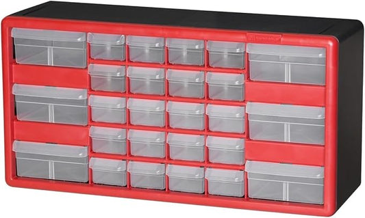 Akro-Mils 26-Drawer Plastic Storage Cabinet, 20"W x 6"D x 10"H, Red