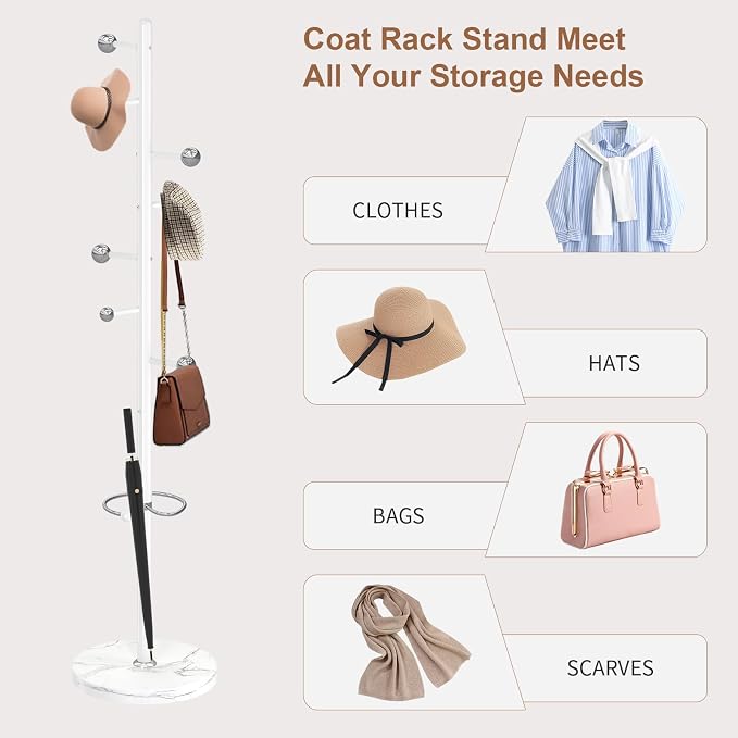 Coat Rack Stand, White Metal Coat Rack Freestanding with 8 Hooks | Coat Rack with Natural Marble Base,Modern Coat Hanger Stand, 3 Adjustable Coat Clothes Tree Stand for Office