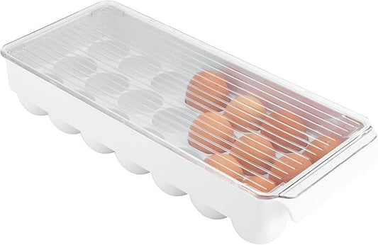 iDesign Plastic Egg Holder for Fridge with Lid, 21 Egg, Clear/White | Storage Container, Organizer Bin