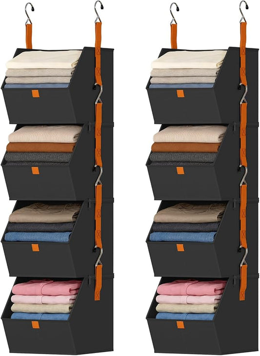 DIMJ Hanging Closet Organizer - 4 Tier Collapsible Hanging Shelves with Hooks Zipper, Fabric Clothes Organizer, Space-Saving Storage Bin Basket for RV, Bedroom, Laundry Organization