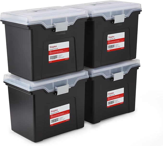 STAPLES File Box Portable Tote, Letter Size, Black, 4/Carton | Lightweight storage tote for transporting and organizing hanging files.