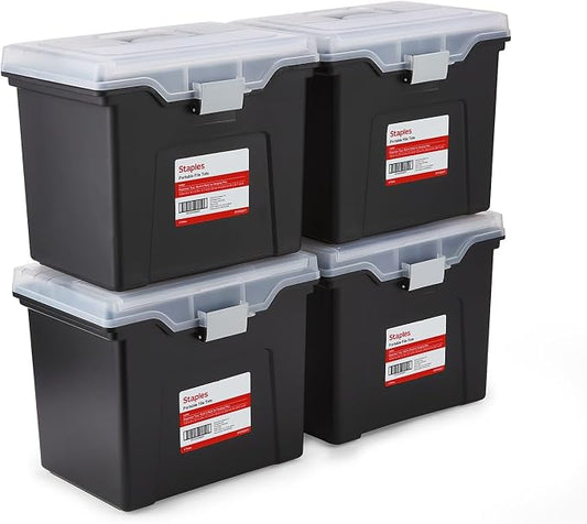 STAPLES File Box Portable Tote, Letter Size, Black, 4/Carton | Lightweight storage tote for transporting and organizing hanging files.