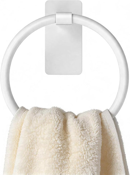 STWWO Hand Towel Holder Adhesive, Round Towel Ring for Bathroom RV, White | for Bath RV Kitchen, Self Adhesive Wall Mounted, No-Drill Stick On Renter Friendly