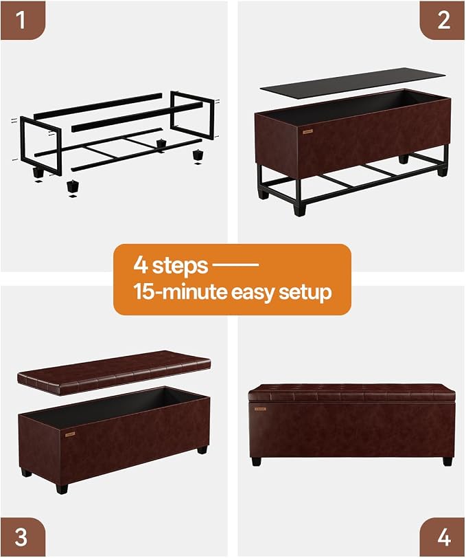 ABHENG Synthetic Leather Metal Frame Storage Ottoman Bench end of Bed Bench with Legs 43.5”W x 15.7”D x 15.7”H Hold up to 770 LB Large Storage Chest Brown UASND624R