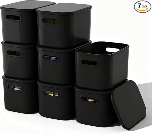 ORGIDOL 8 Pack Black Storage Bins with Lids Stackable Storage Container for Organizing, Black Storage Boxes with Handle for Shelves, Cute Organizer Bins for Craft, Snacks, 9.85x6.9x5.7 inch