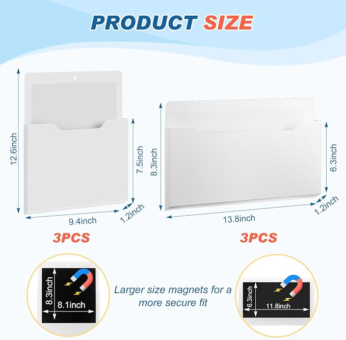 6 Pcs Magnetic Wall File Organizer Magnetic Wall File Holder Refrigerator Magazine Holder for Mail Letters Paper(White,Horizontal & Vertical)