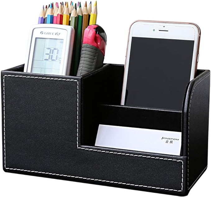 Desk Organizer Office Supplies Caddy Pu Leather Multi-function Storage Box Pen/Pencil,Cell phone, Business Name Cards Remote Control Holder Black