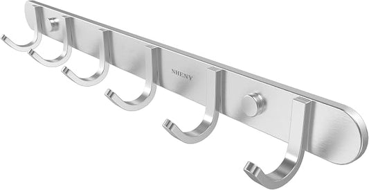 Coat Hook Wall Mount - Towel Rack with 6 Hooks Hanger for Hanging Clothes, Bags, Keys, and Towels Bathroom, Entryway, Door, 304 Stainless Steel Brushed Nickel