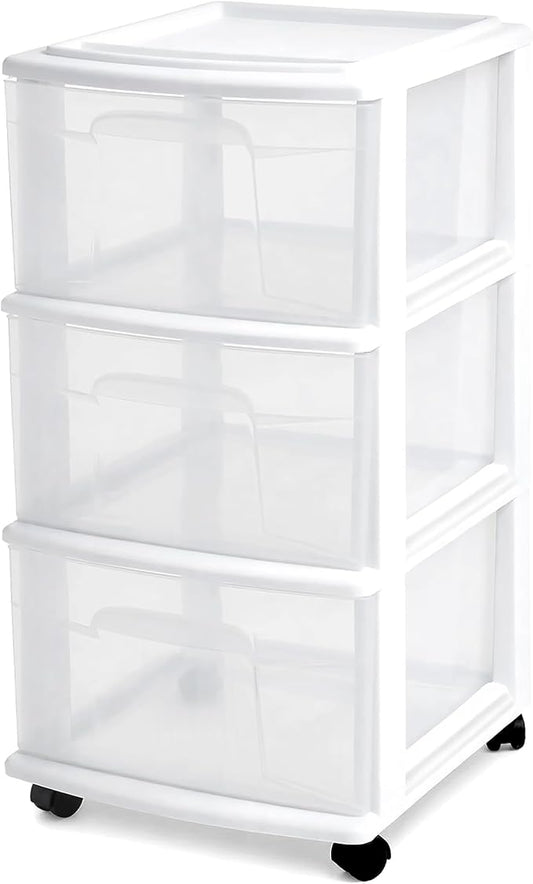 HOMZ 3-Drawer Storage Cart, Plastic Home, Dorm, & Office Organizer, White Frame | Plastic Organizer with Clear Bin Drawers for Bedroom, Bathroom, Home Office, and Dorm Rooms