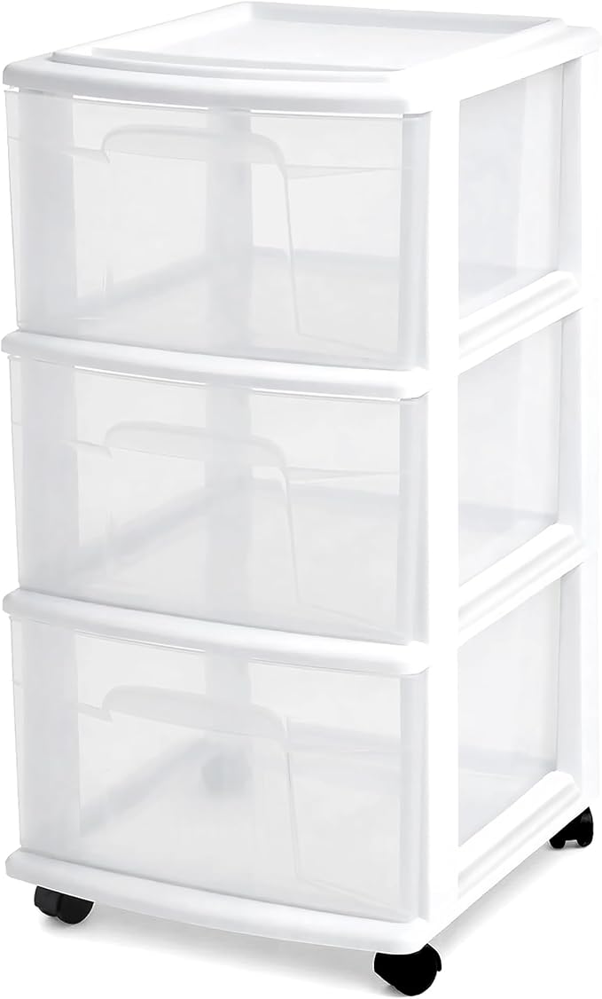 HOMZ 3-Drawer Storage Cart, Plastic Home, Dorm, & Office Organizer, White Frame | Plastic Organizer with Clear Bin Drawers for Bedroom, Bathroom, Home Office, and Dorm Rooms